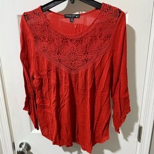 Living Doll Burnt Orange Crochet Detail Women's Blouse